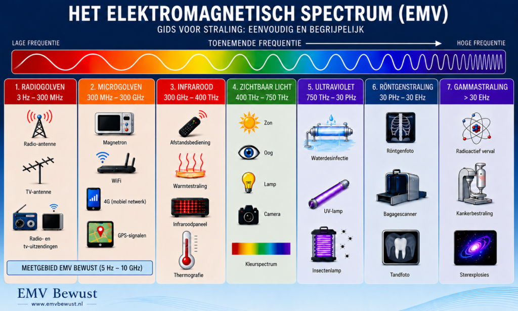Overzicht van het elektromagnetisch spectrum, van laagfrequente velden tot gammastraling